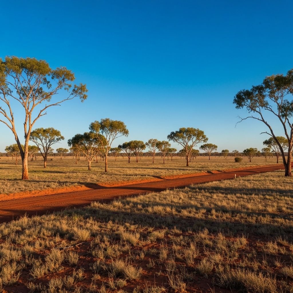 Outback Queensland landscape near Cloncurry – red earth plains, native gum trees, blue sky